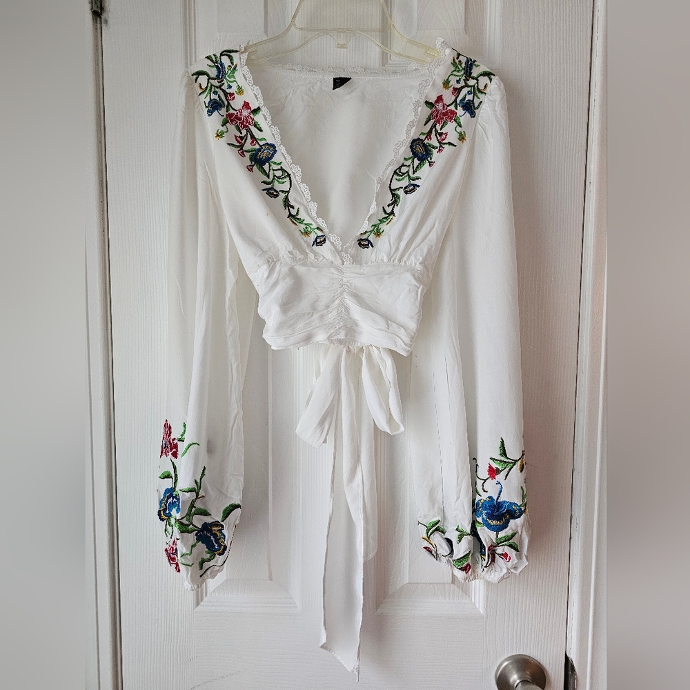 White Embroidered Crop Top